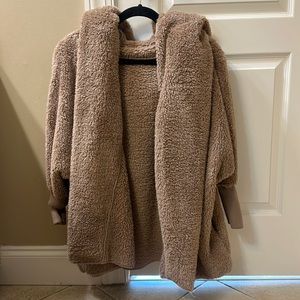 Hooded open front teddy coat